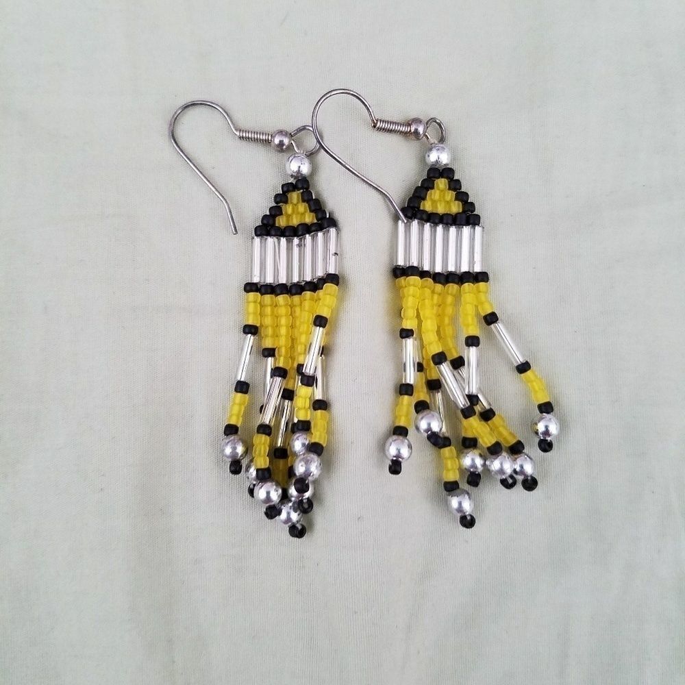 Women's Hand Beaded Dangle Earrings Yellow Black Silver Boho Fashion Jewelry